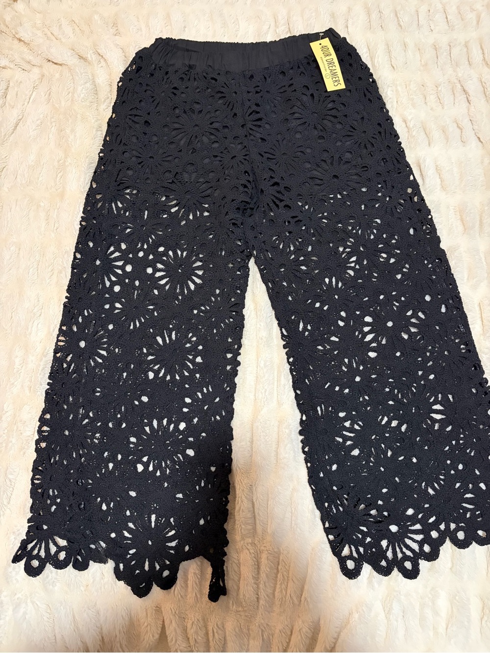 Dreamers Black Crochet Lace Wide-Leg Capris